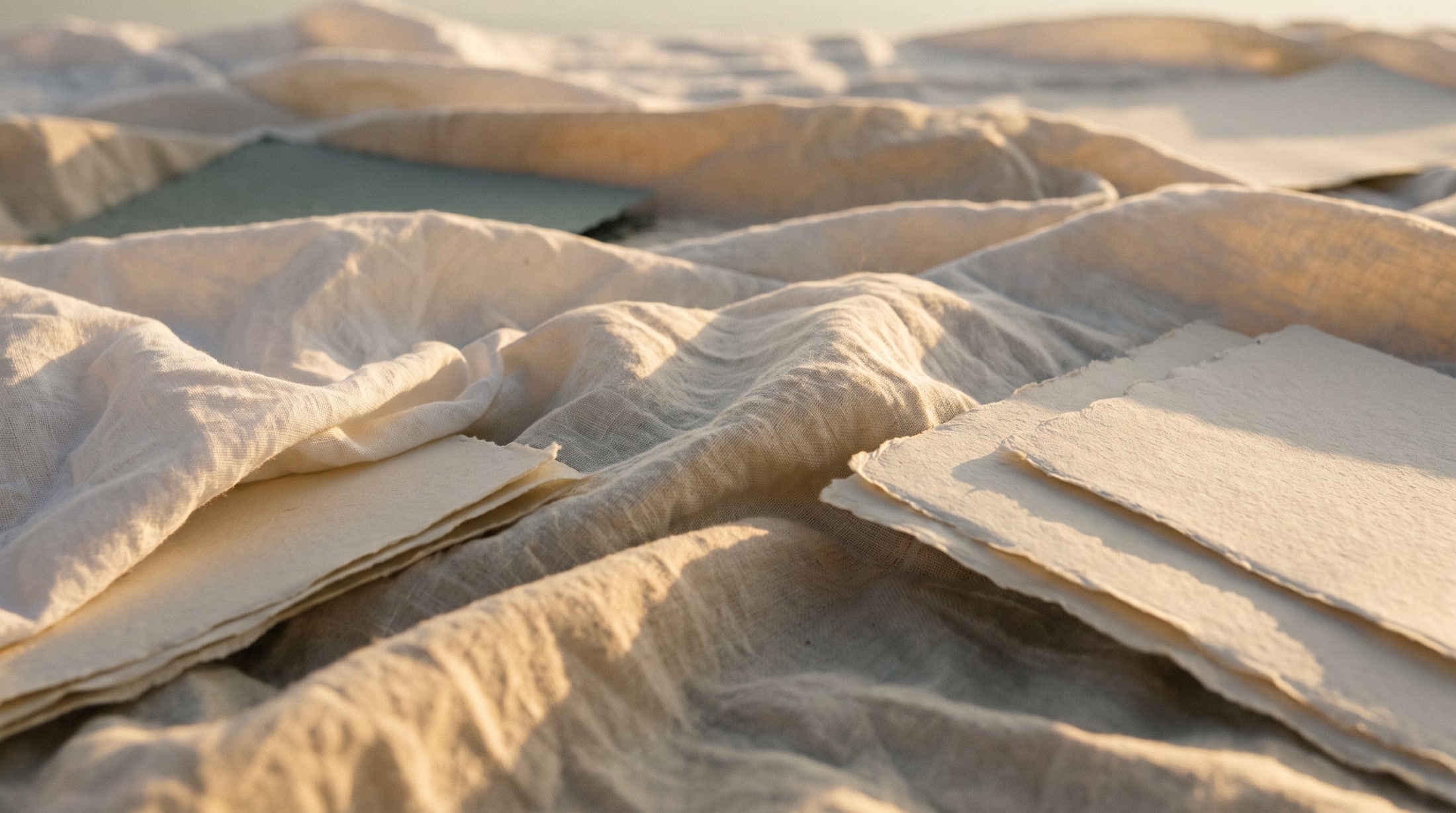 Layered folds of warm linen catching low light, like sediment building up over time.