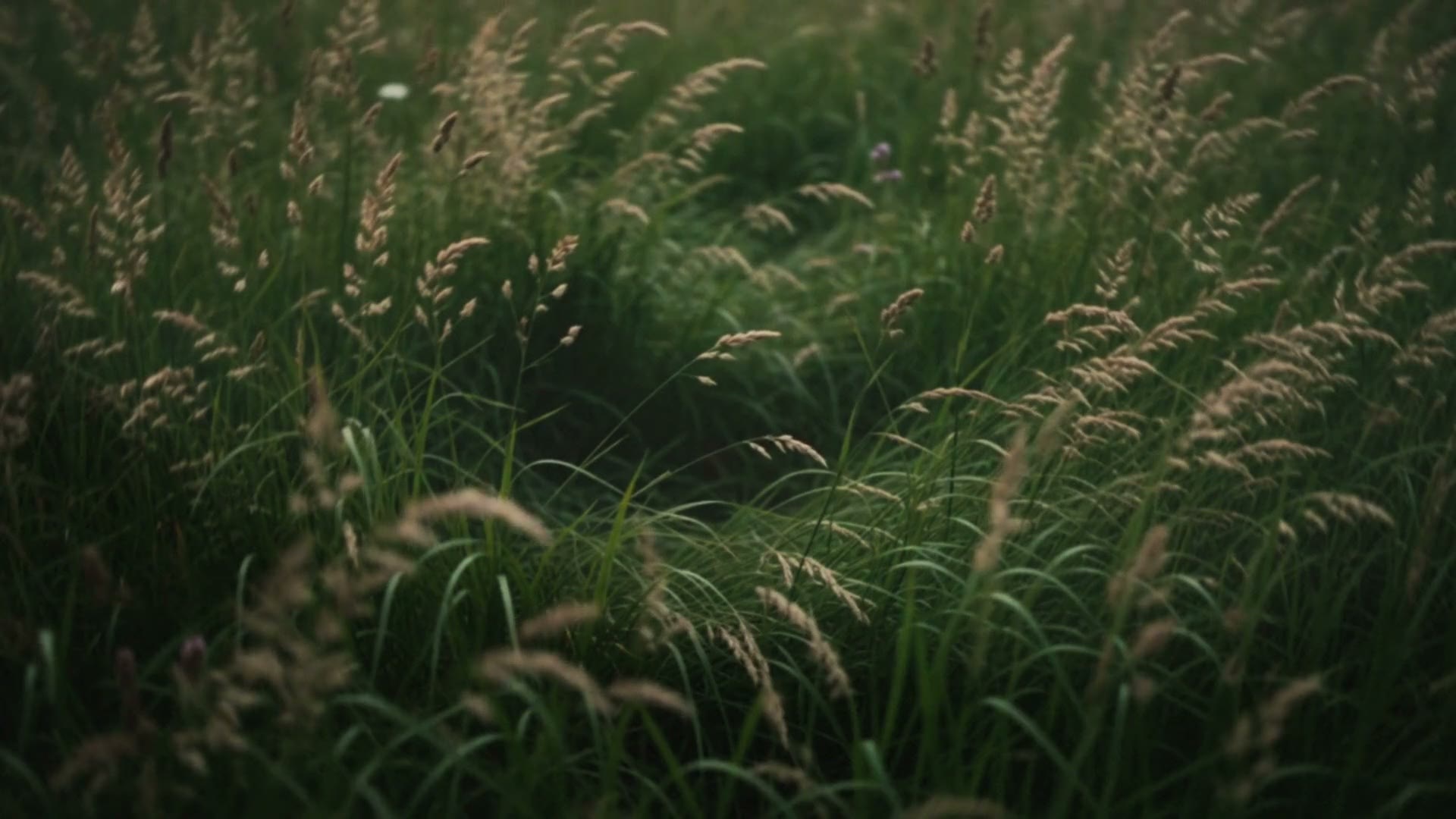 A wild meadow of saturated green grass and pale seed heads swaying in slow wind, graded like a film frame.
