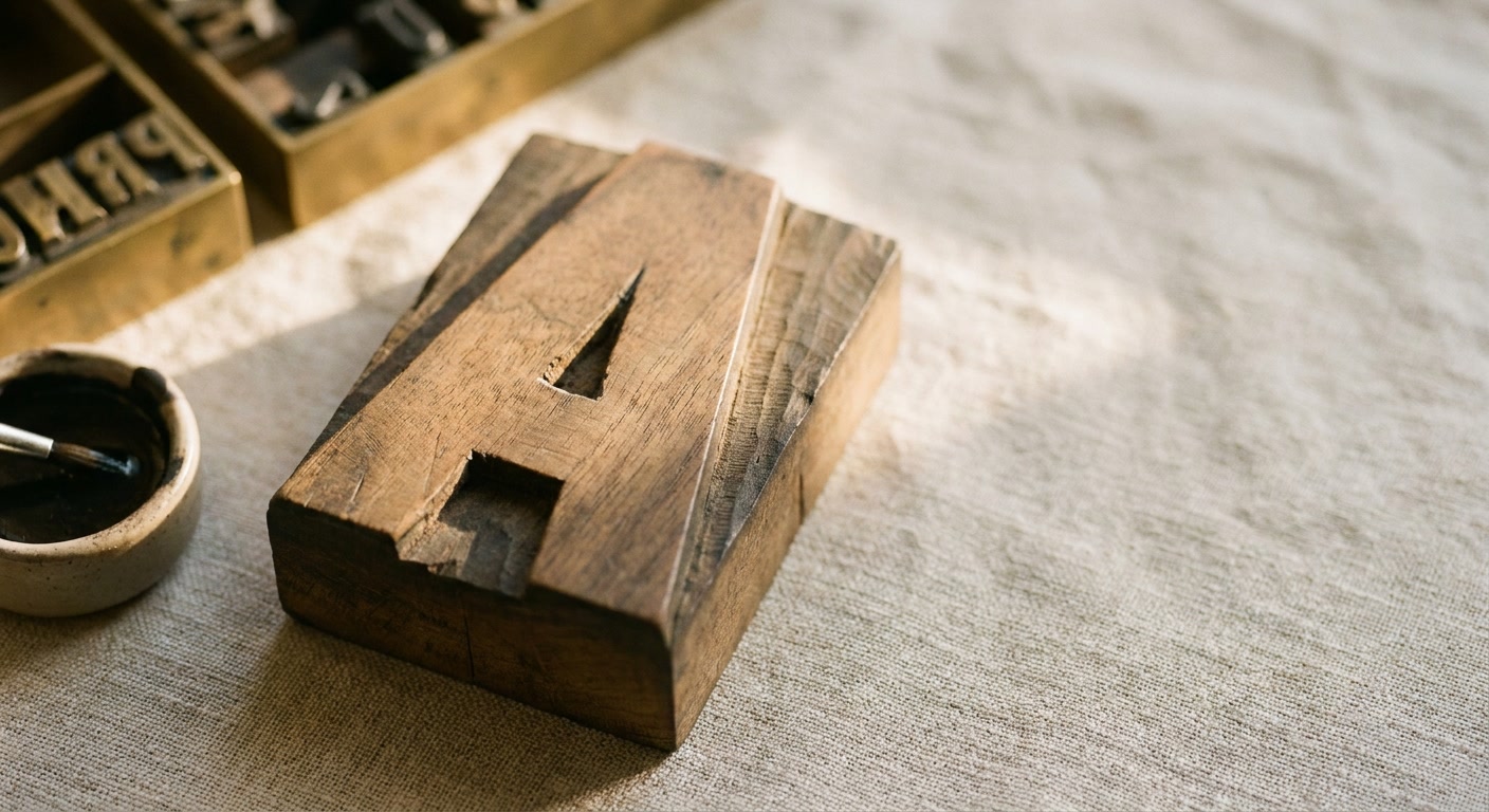 A hand-carved wooden letterpress block of the letterform "A" resting on warm linen beside brass typecases and ink.